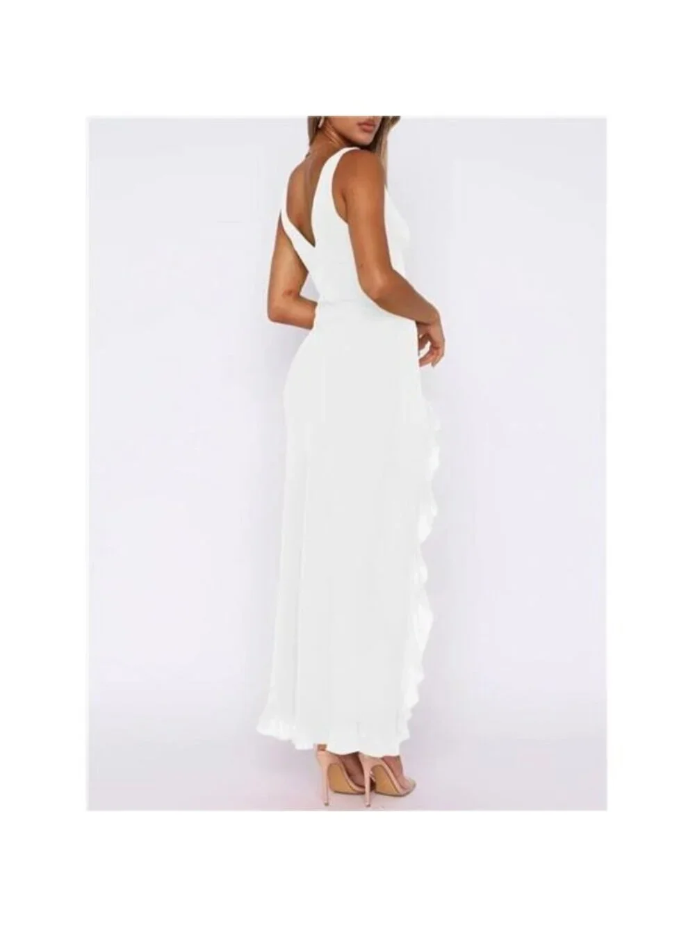 Women's Sexy VNeck Sleeveless Mesh Ruffle Hem Bodycon Maxi Casual Backless Dress - Picture 2 of 6
